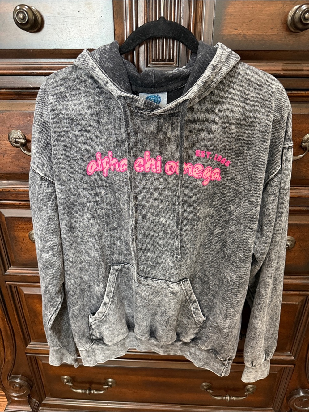 Gray Mineral-Wash Hoodie with Pink Embroidered Script